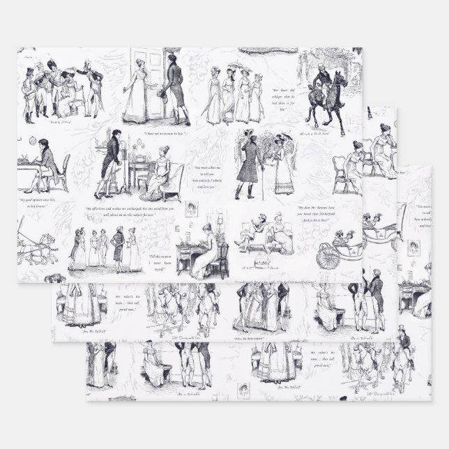 Pride and Prejudice Blue Grey Toile Quotes Wrapping Paper Sheet (Set)