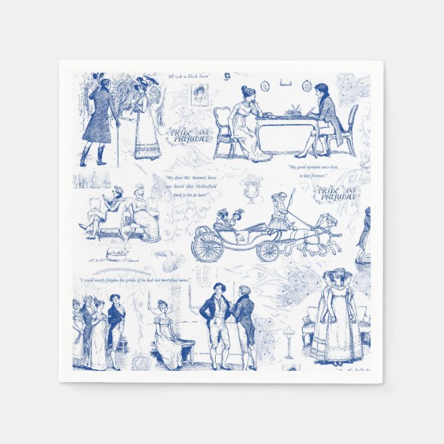 Pride and Prejudice Blue Toile Quotes Illustration Napkin (Front)