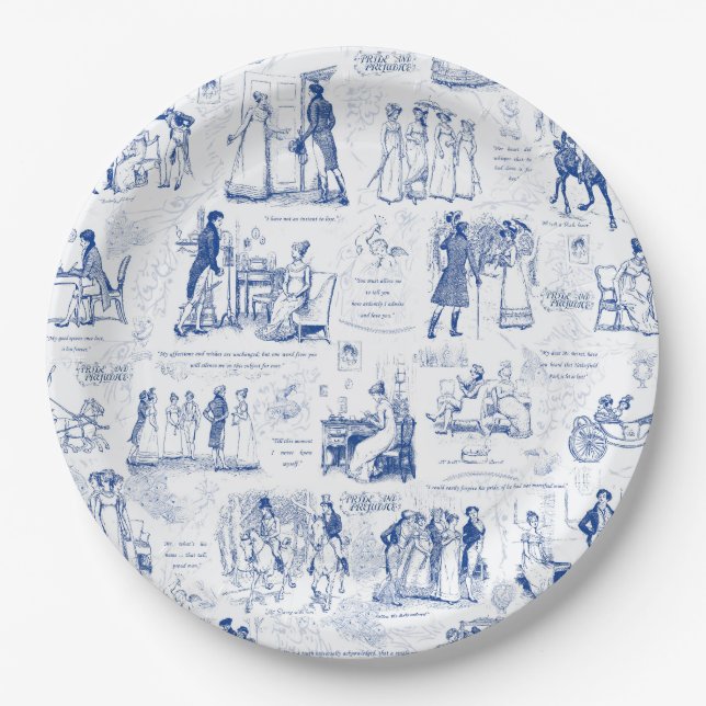 Pride and Prejudice Blue Toile Quotes Illustration Paper Plate (Front)