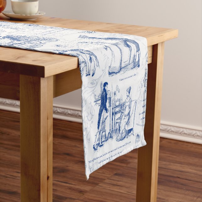Pride and Prejudice Blue Toile Quotes Illustration Short Table Runner (In Situ)