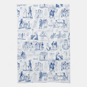 Pride and Prejudice Blue Toile Quotes Illustration Tea Towel