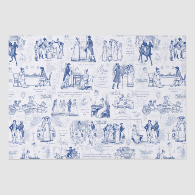 Pride and Prejudice Blue Toile Quotes Illustration Tissue Paper (Front)