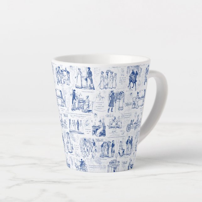 Pride and Prejudice Blue Toile Quotes Latte Mug (Right Angle)