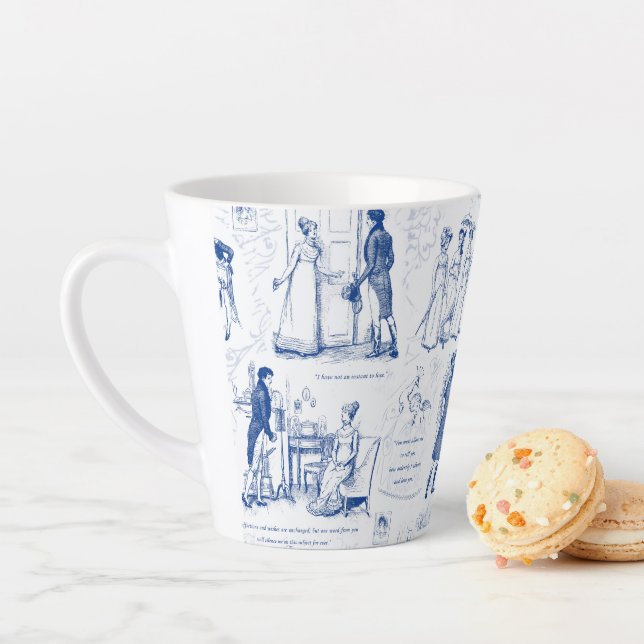 Pride and Prejudice Blue Toile Quotes Latte Mug (In Situ)