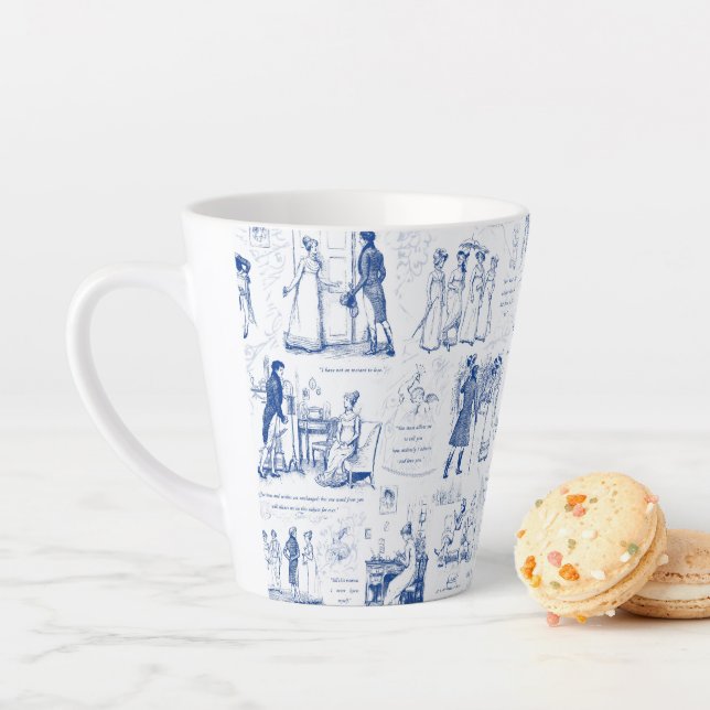 Pride and Prejudice Blue Toile Quotes Latte Mug (In Situ)