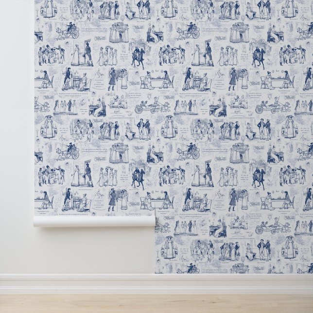 Pride and Prejudice Blue White Toile Wallpaper (Application)