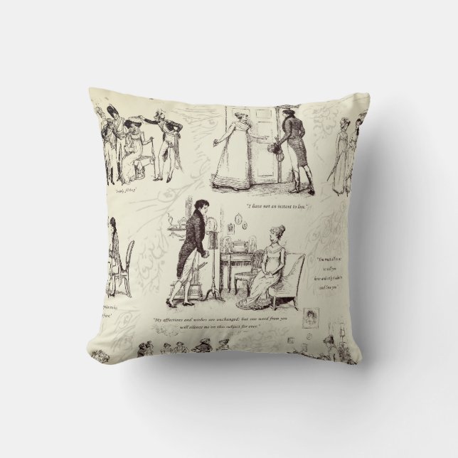 Pride and Prejudice Brown Beige Toile Quotes Cushion (Front)
