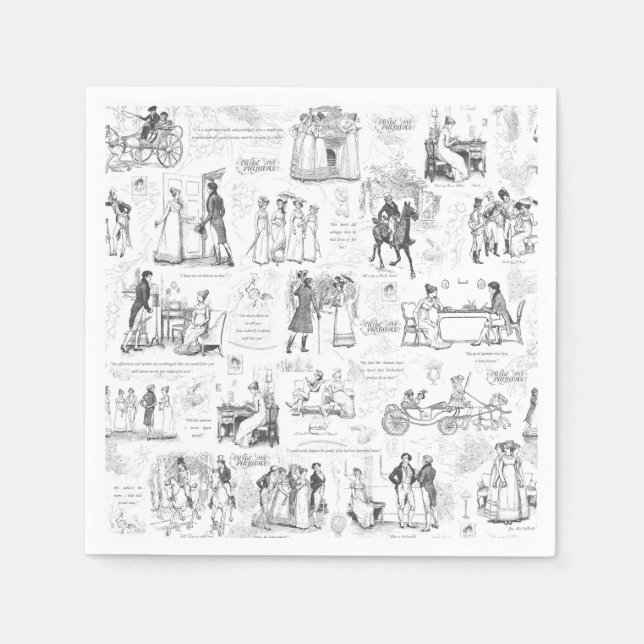 Pride and Prejudice Grey Toile Quote Illustration Napkin (Front)
