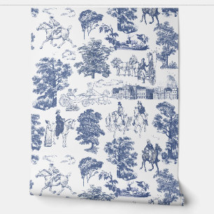 Pride and Prejudice Horses Blue White Toile Wallpaper