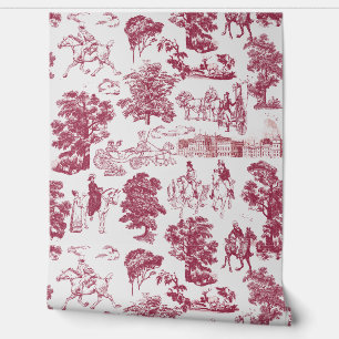 Pride and Prejudice Horses Burgundy Grey Toile Wallpaper