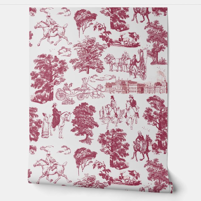 Pride and Prejudice Horses Burgundy Grey Toile Wallpaper (Unrolling)