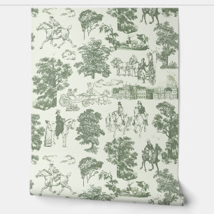Pride and Prejudice Horses Sage White Toile Wallpaper