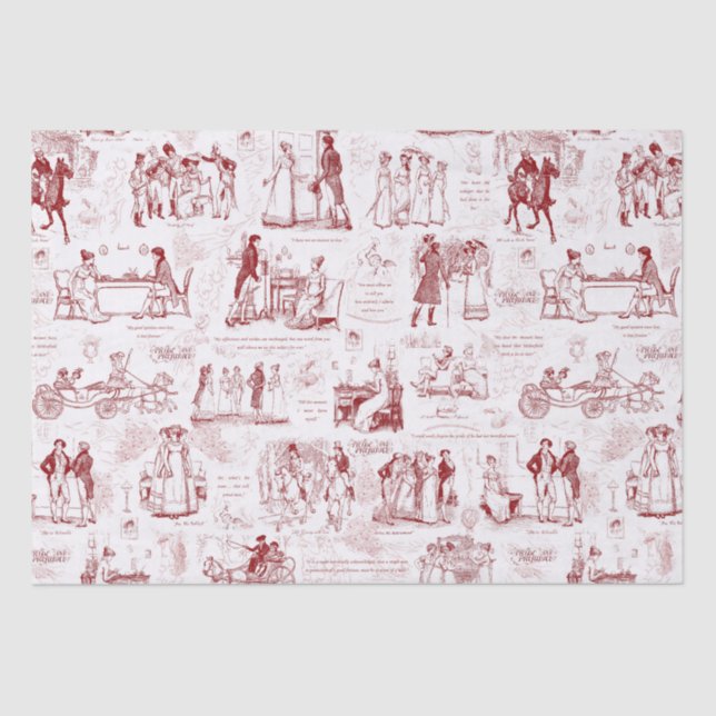 Pride and Prejudice Red Toile Quotes Illustration Tissue Paper (Front)