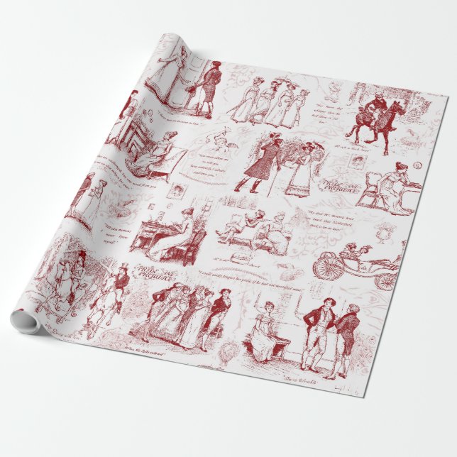Pride and Prejudice Red Toile Quotes Illustration Wrapping Paper (Unrolled)