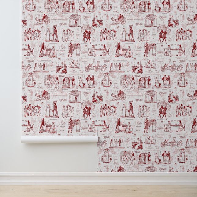 Pride and Prejudice Red White Toile Wallpaper (Application)