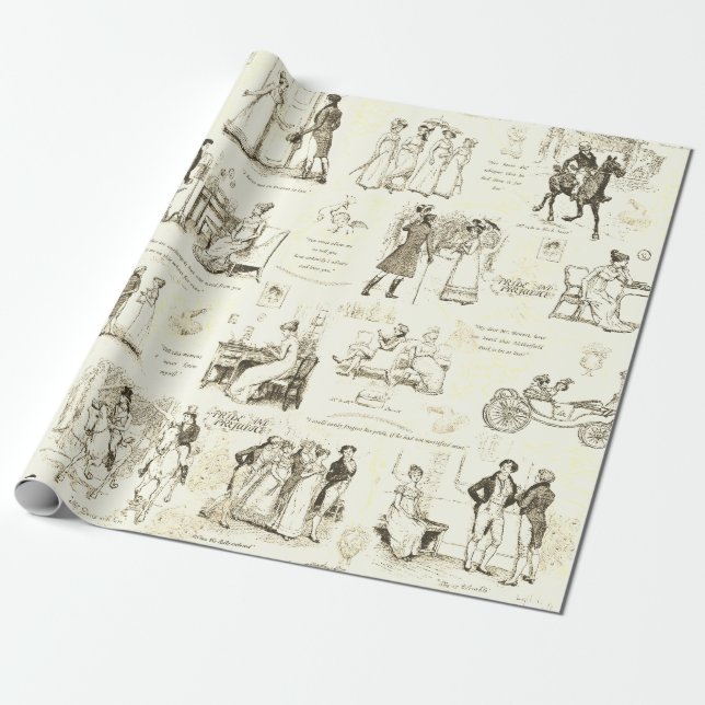Pride and Prejudice Toile Quotes Illustration Wrapping Paper (Unrolled)