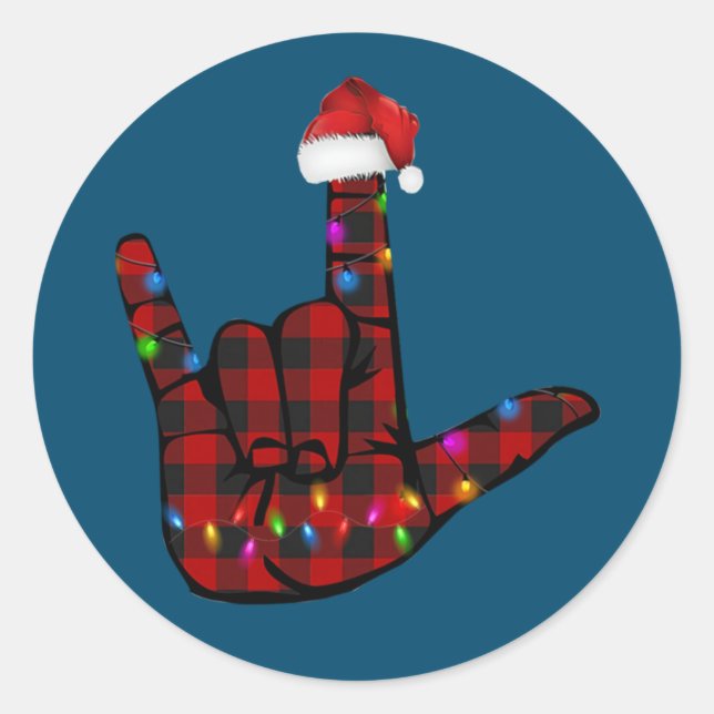 Pride ASL Merry Christmas Sign Language Red Plaid Classic Round Sticker (Front)