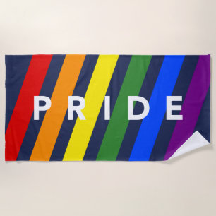 PRIDE Bold Diagonal Rainbow Stripes on Navy Blue Beach Towel