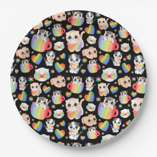 Pride cat and rainbow hearts seamless pattern paper plate
