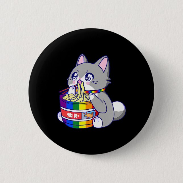 Pride Flag with Anime Pride Cat with a Cat Eating  6 Cm Round Badge (Front)