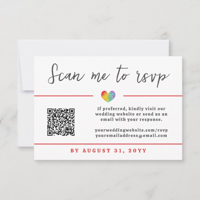 Pride Heart Gay Lesbian Wedding QR Code Online RSVP Card (Front)