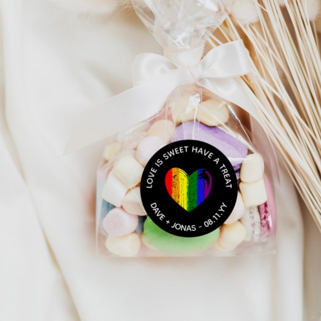 Pride Heart Love Is Sweet LGBT Wedding Favour Classic Round Sticker (Creator Uploaded)