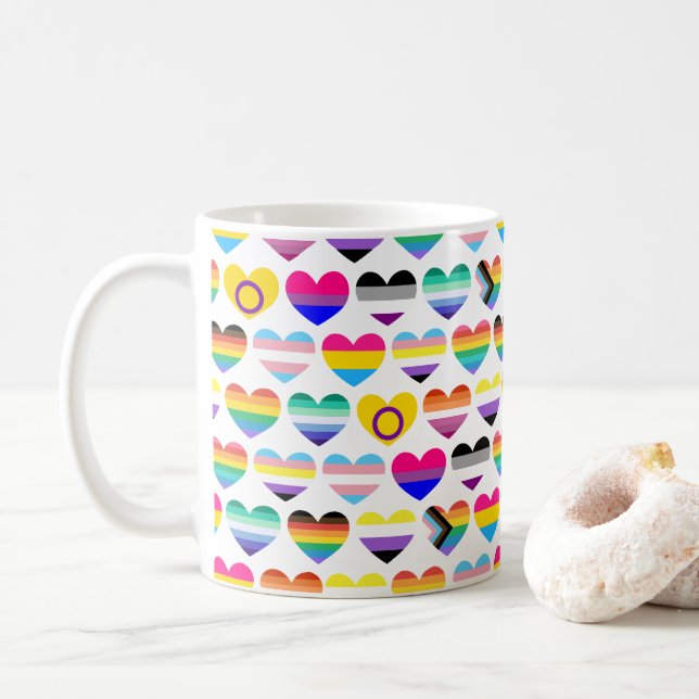 Pride Hearts Classic Mug, 11 oz Coffee Mug (With Donut)