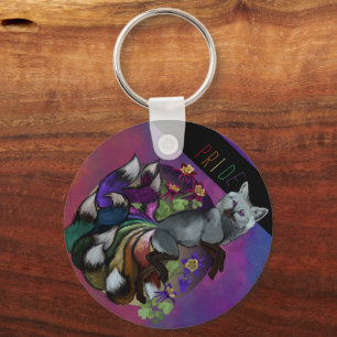 Pride Kitsune and Columbine Flowers Key Ring