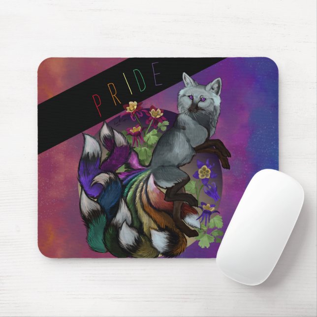 Pride Kitsune and Columbine Flowers Mouse Mat (With Mouse)