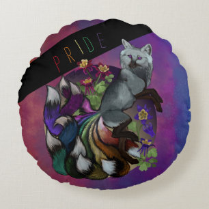 Pride Kitsune and Columbine Flowers Round Cushion