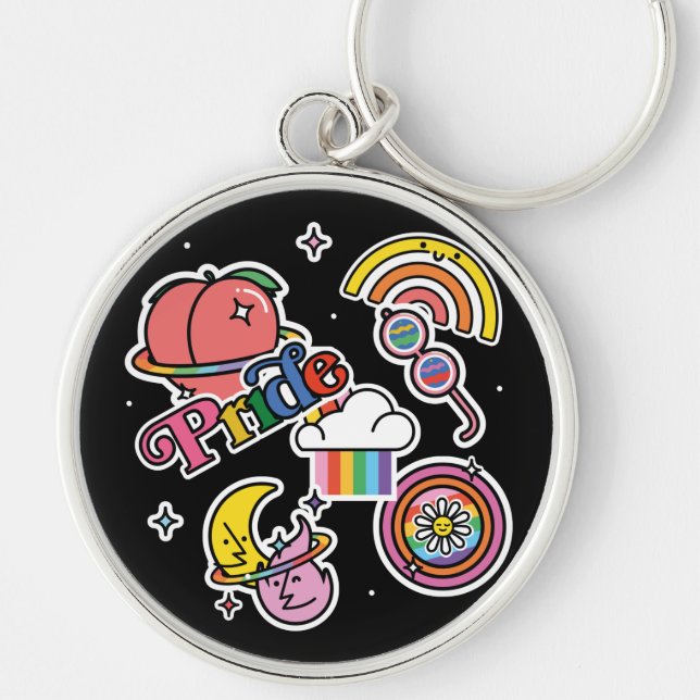 Pride+LGBTQ. Love pride. Rainbow heart with flower Key Ring (Front)