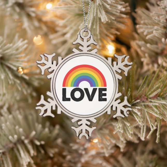 Pride Love is Love Gay Equality Rainbow LGBTQ  Snowflake Pewter Christmas Ornament (Tree)