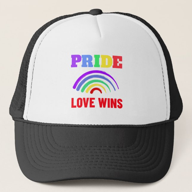 Pride Love Wins LGBT Artsy Rainbow Motif Trucker Hat (Front)