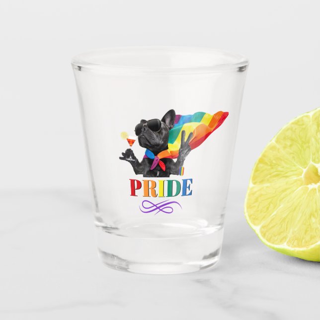 Pride Party Dog in Rainbow Cape Shot Glass (Front)