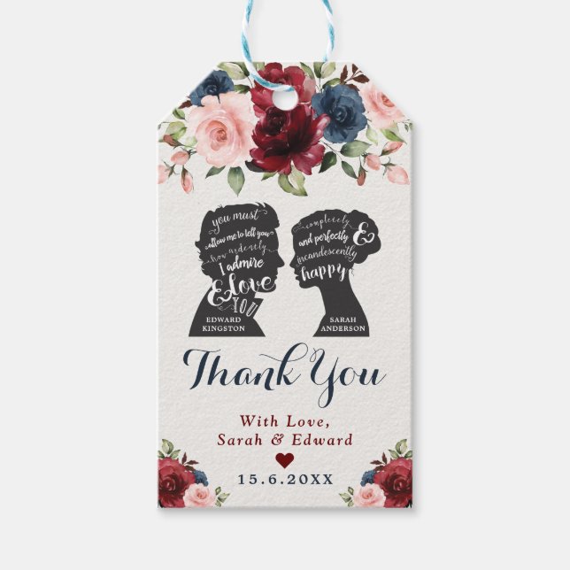 Pride Prejudice Floral Book Lover Wedding Favours Gift Tags (Front)