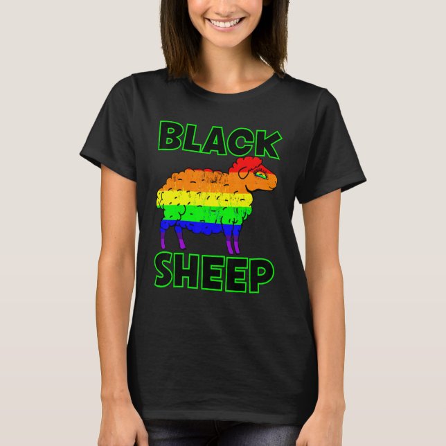 Pride Rainbow Coloured Black Sheep With Black Text T-Shirt (Front)