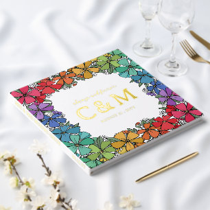Pride Rainbow Floral Wreath Gold LGBTQ Wedding Guest Book