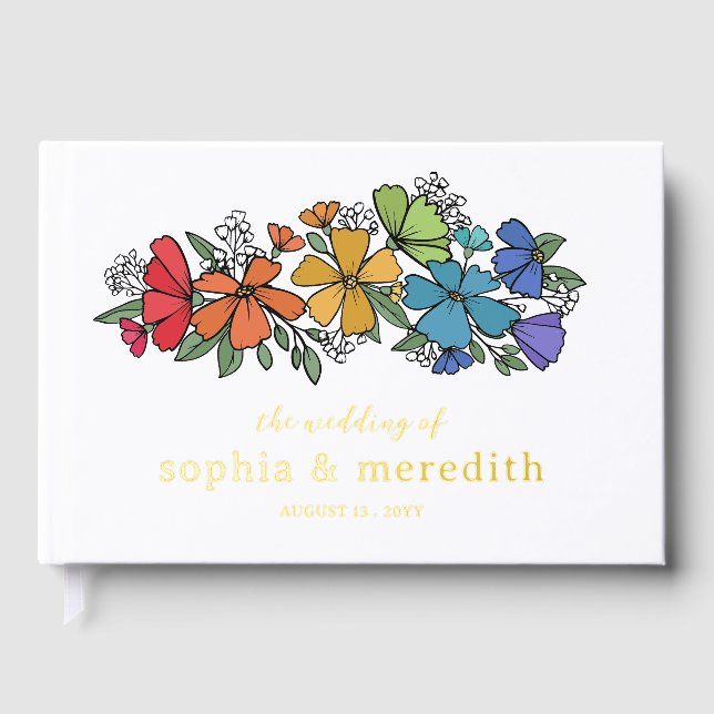 Pride Rainbow Flowers Gold LGBTQ Wedding Guest Book (Front)