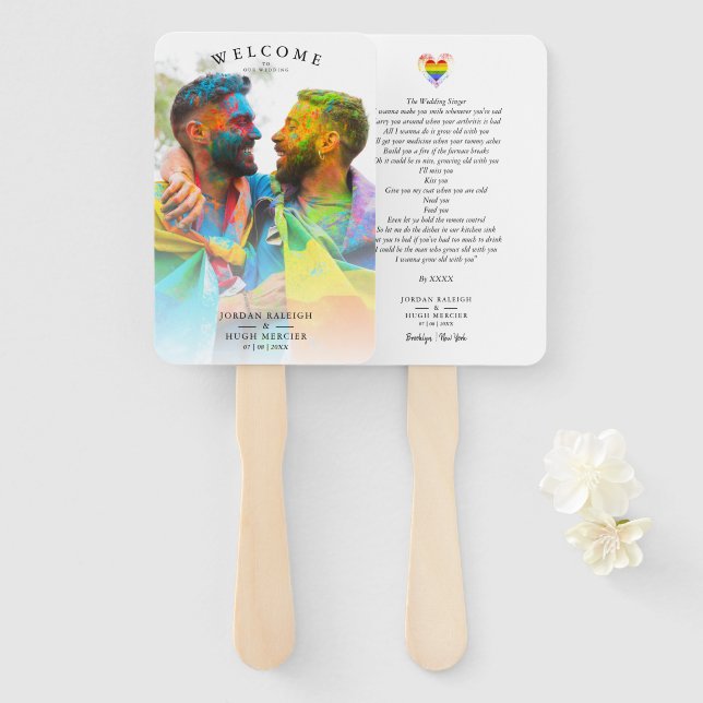 Pride Rainbow Photo Heart Lesbian Gay Wedding Hand Fan (Front and Back)