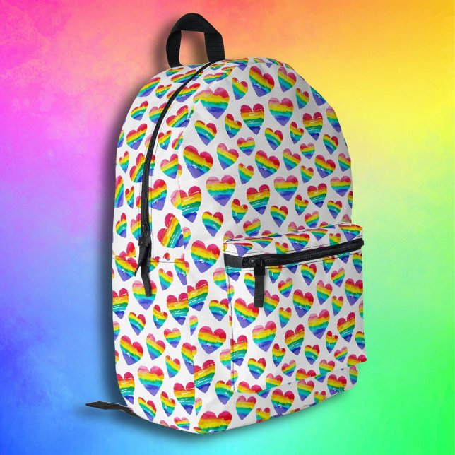 Pride Rainbow Striped Hearts White Printed Backpack (Creator Uploaded)