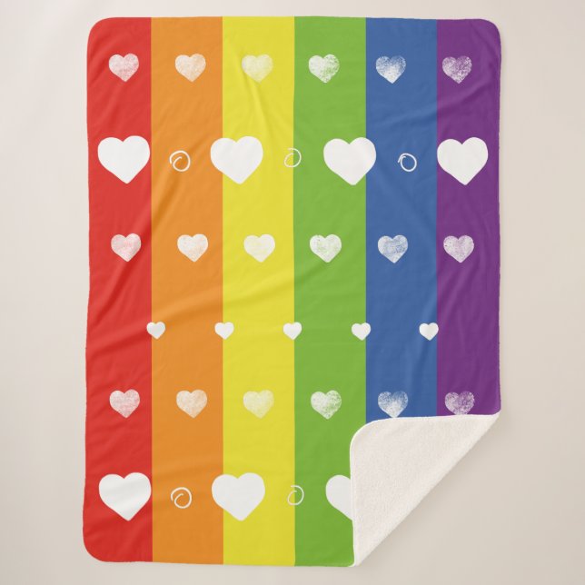Pride Rainbow | White Hearts | Sherpa Blanket (Front)