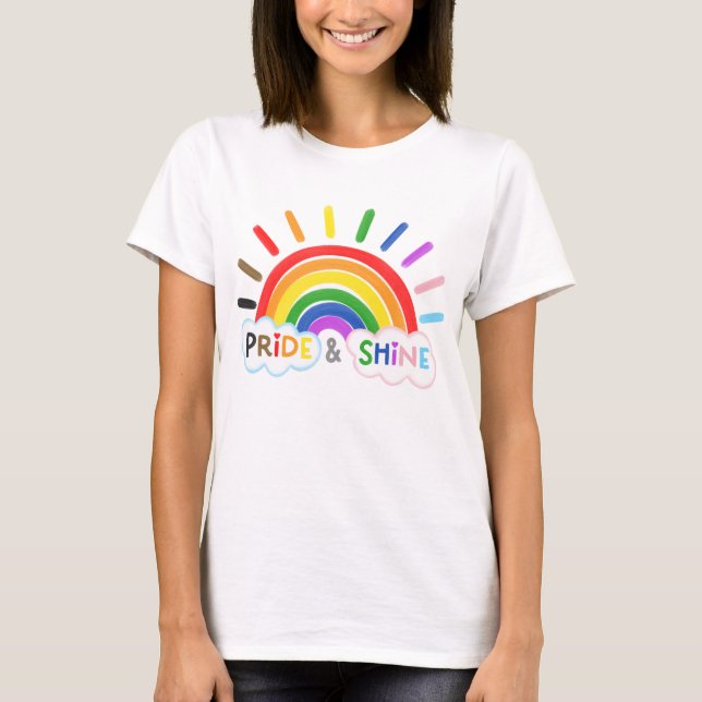 Pride & Shine LGBTQ+ Rainbow Sunrise Happy T-Shirt (Front)