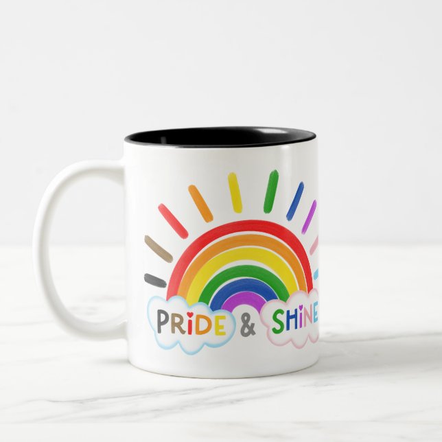 Pride & Shine LGBTQ+ Rainbow Sunrise Happy Two-Tone Coffee Mug (Left)