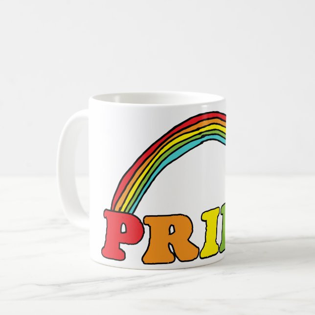 Pride Text and Rainbow Coffee Mug (Front Left)