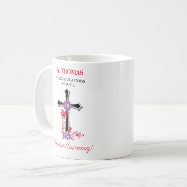 Priest 10th Ordination Anniversary Black Cross Coffee Mug (Front Left)
