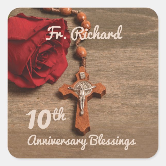 Priest 10th Ordination Anniversary Rose and Rosary Square Sticker (Front)