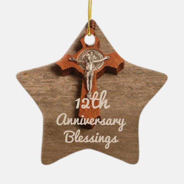 Priest 12th Ordination Anniversary Rose and Rosary Ceramic Tree Decoration (Front)