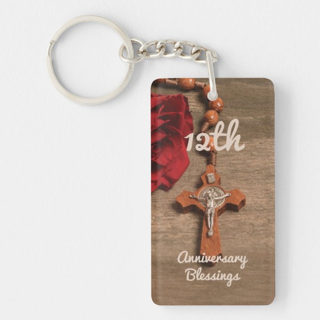 Priest 12th Ordination Anniversary Rose and Rosary Key Ring (Front)