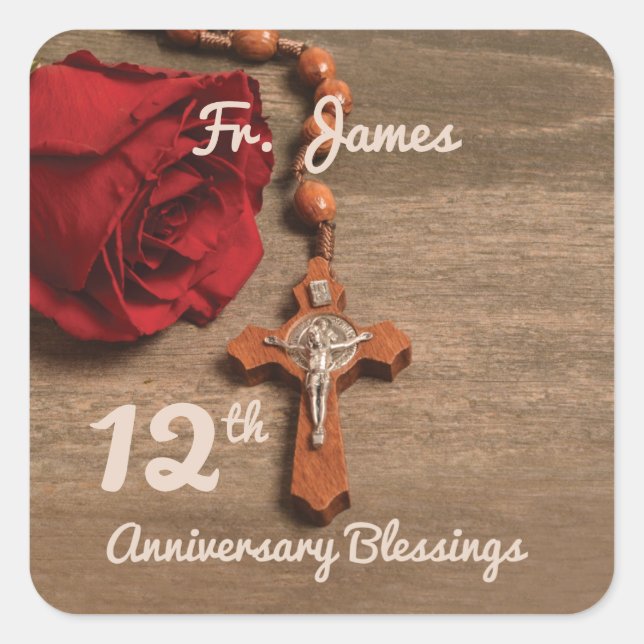 Priest 12th Ordination Anniversary Rose and Rosary Square Sticker (Front)