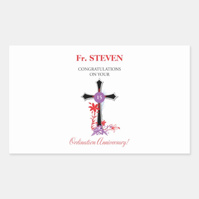 Priest 15th Ordination Anniversary Black Cross Rectangular Sticker (Front)
